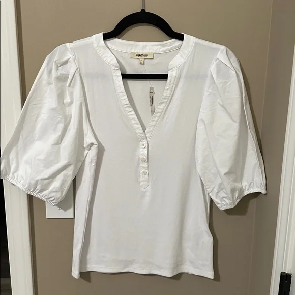 Madewell Puff-Sleeve Henley Knit Top in White - Picture 5 of 7